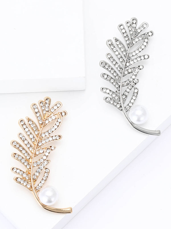 Broche de aleación con forma de pluma y diamantes de imitación