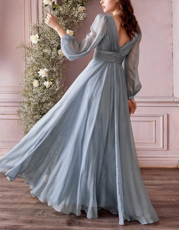Solid Color V-neck Long-sleeved Chiffon Maxi Dress