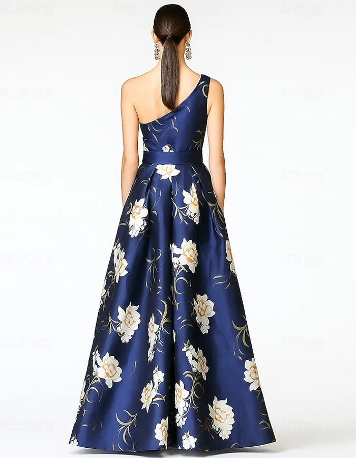 Off-shoulder Satin Print Maxi Dress