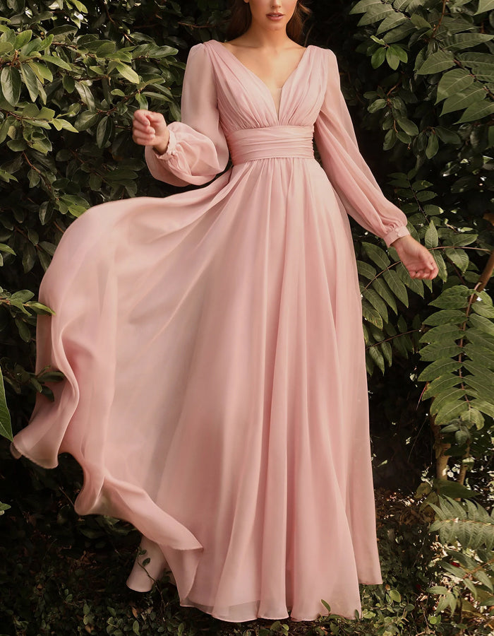 Solid Color V-neck Long-sleeved Chiffon Maxi Dress