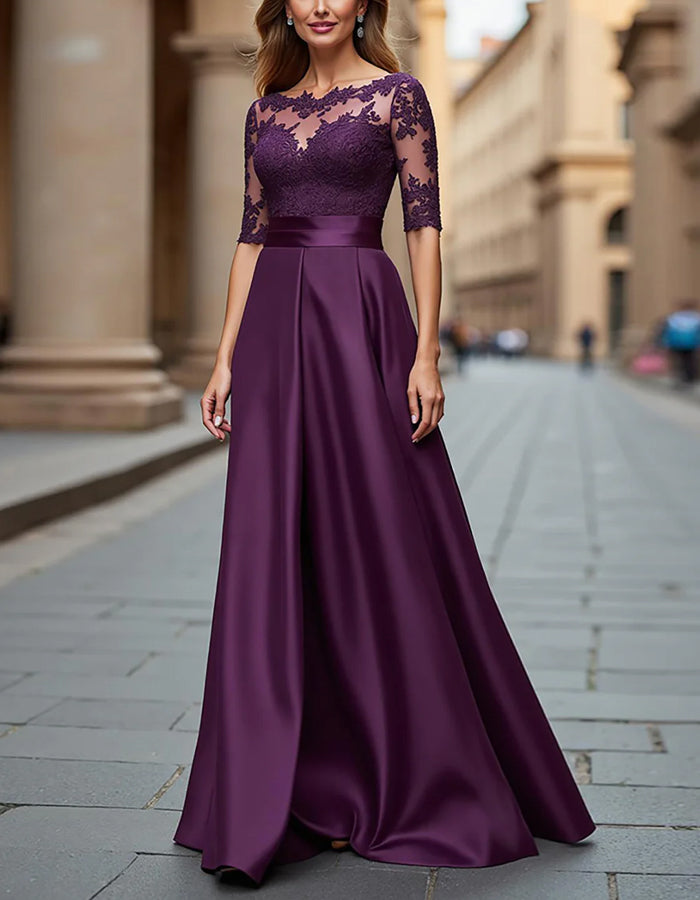 Purple Lace Satin Mother of the Bride Maxi Dress