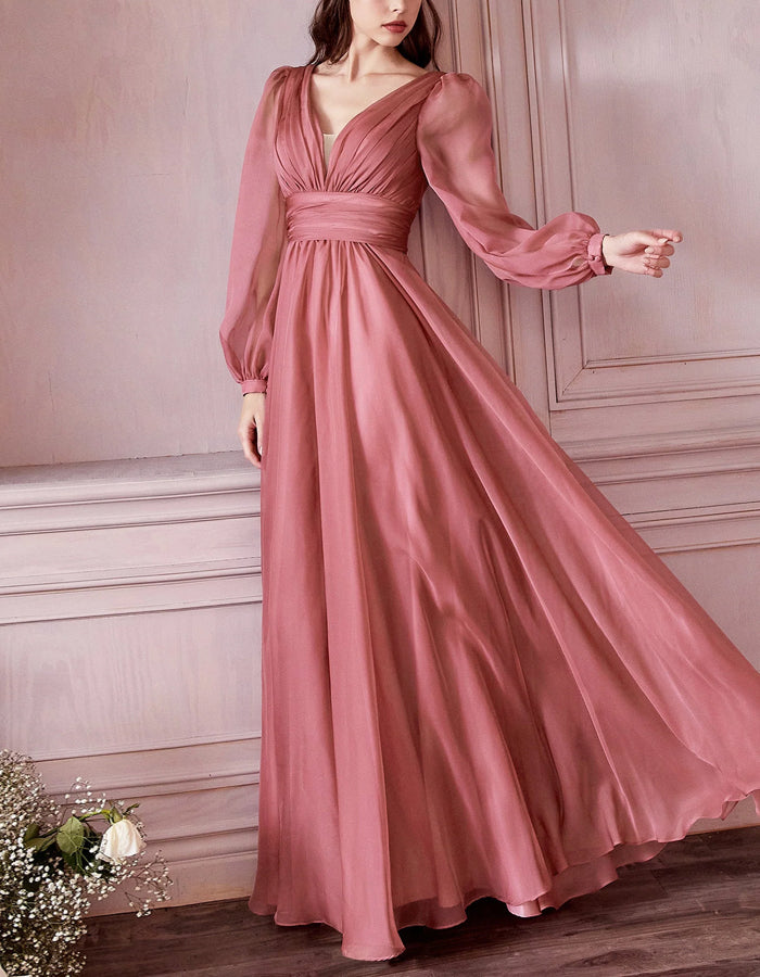 Solid Color V-neck Long-sleeved Chiffon Maxi Dress