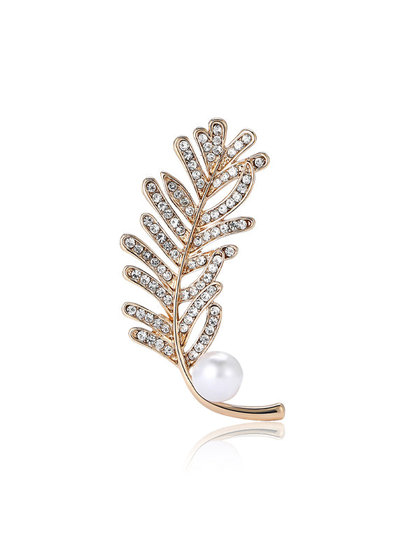 Alloy Rhinestone Feather Brooch