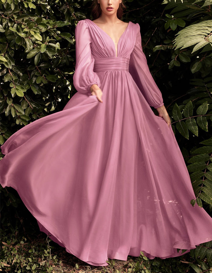 Solid Color V-neck Long-sleeved Chiffon Maxi Dress