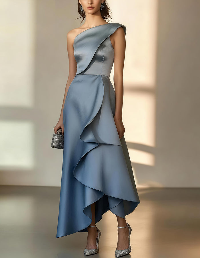 Elegante Vestido de Satén Verde Menta con Volante Asimétrico y Escote de Un Solo Hombro