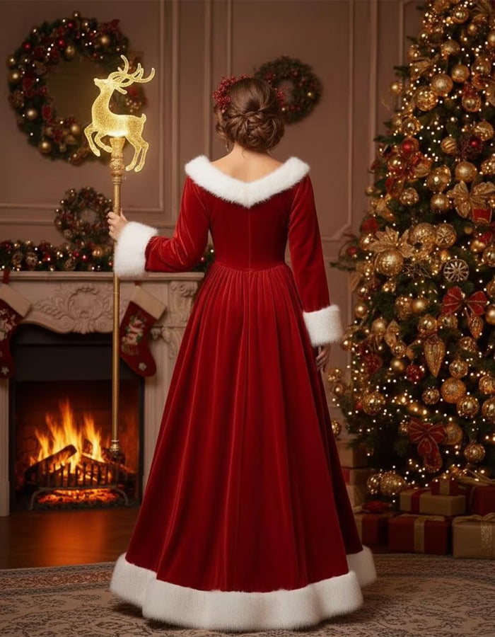 Burgundy Velvet Christmas Outfit Maxi Dress