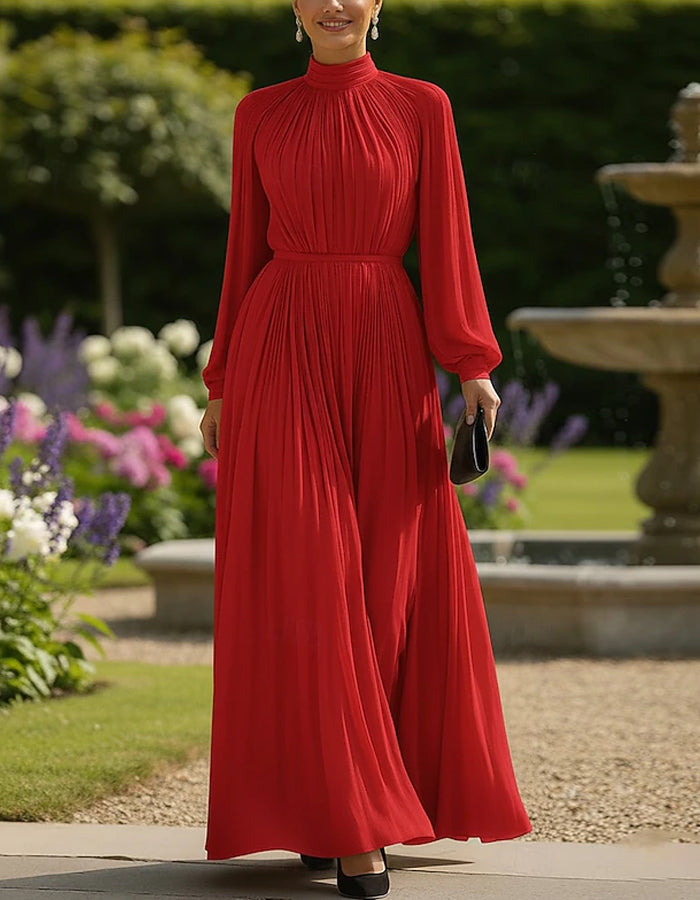 Long Sleeved High Neck Chiffon Pleated Maxi Dress