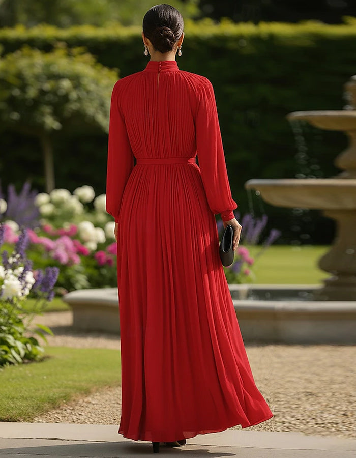 Long Sleeved High Neck Chiffon Pleated Maxi Dress