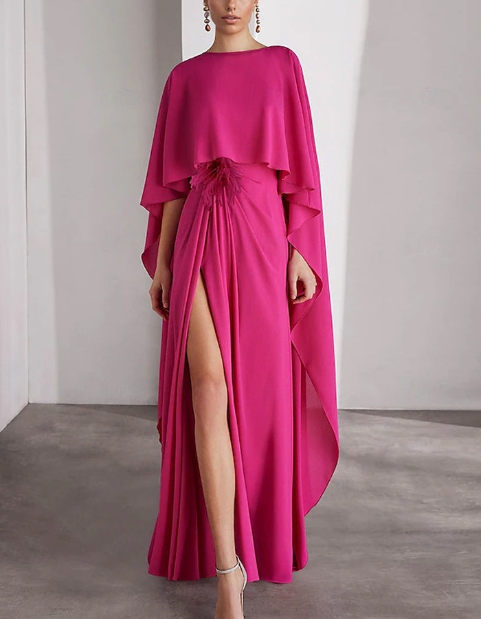 Rose Red Cape-Style Chiffon Gown with High Slit & Feather Detail