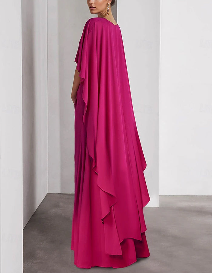 Rose Red Cape-Style Chiffon Gown with High Slit & Feather Detail