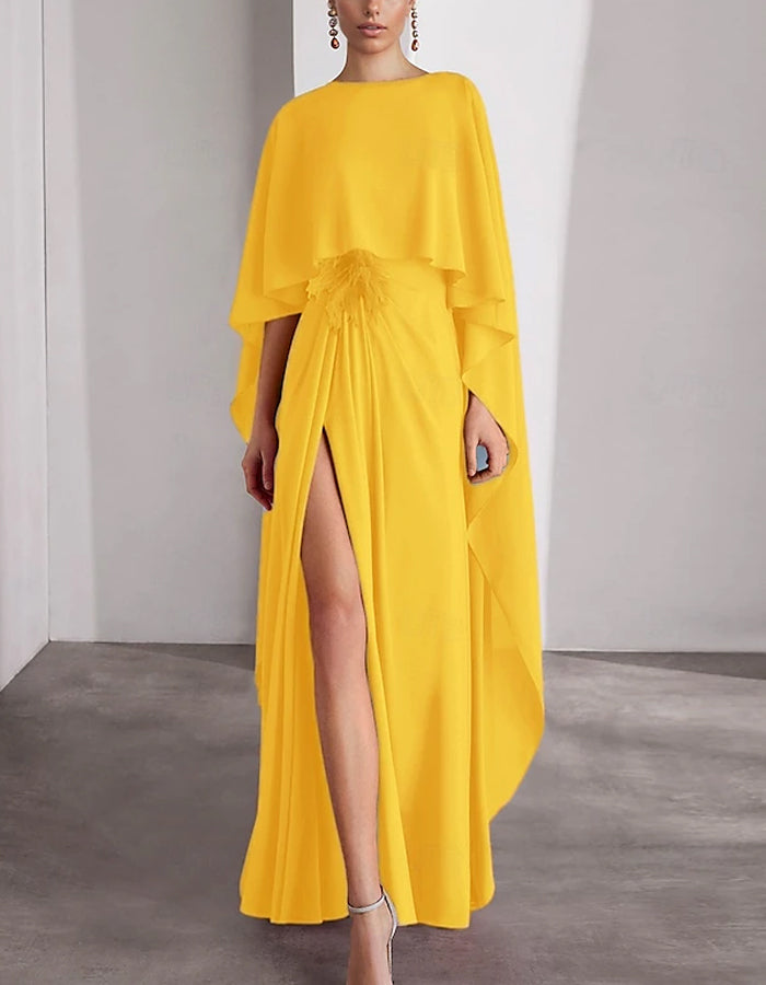 Rose Red Cape-Style Chiffon Gown with High Slit & Feather Detail