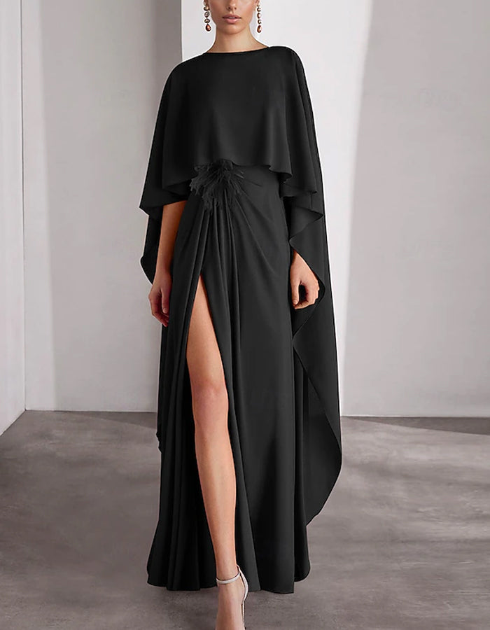 Rose Red Cape-Style Chiffon Gown with High Slit & Feather Detail