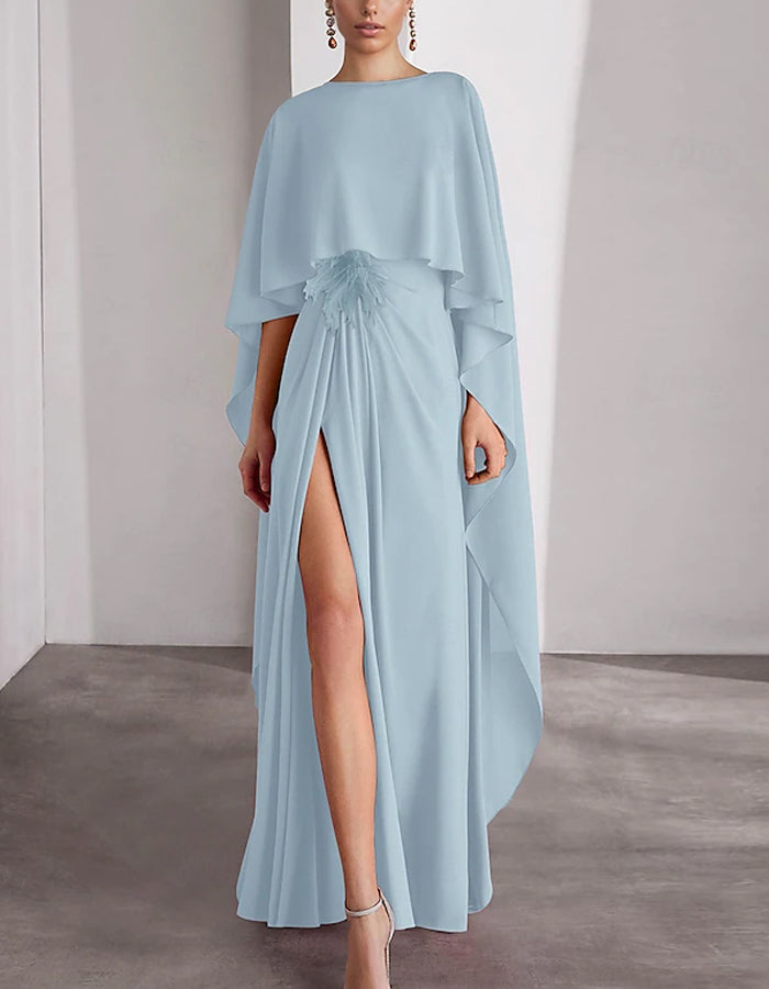 Rose Red Cape-Style Chiffon Gown with High Slit & Feather Detail
