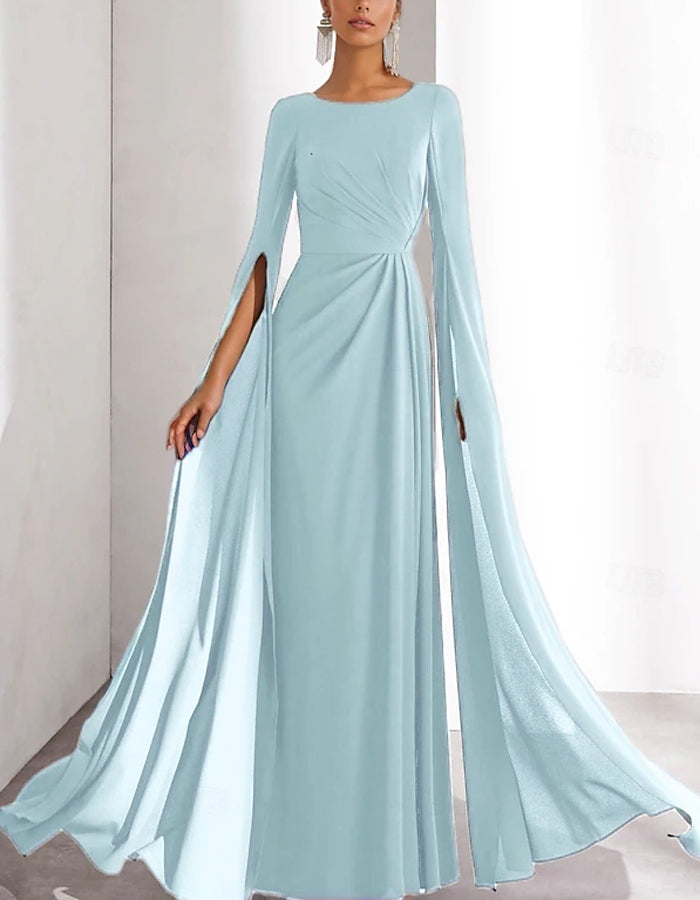 Round Neck Chiffon Long Sleeves With Pleats Maxi Dress