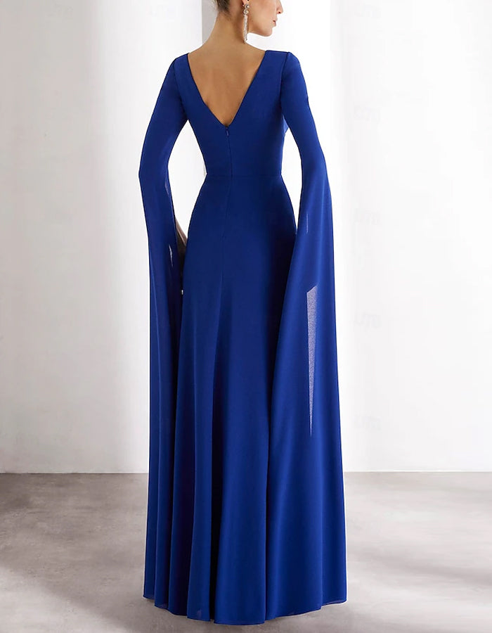 Round Neck Chiffon Long Sleeves With Pleats Maxi Dress