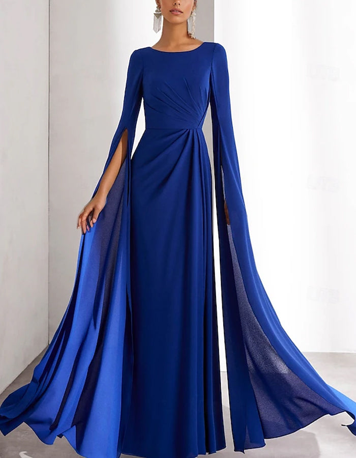 Round Neck Chiffon Long Sleeves With Pleats Maxi Dress
