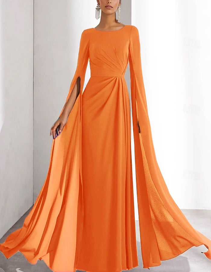Round Neck Chiffon Long Sleeves With Pleats Maxi Dress