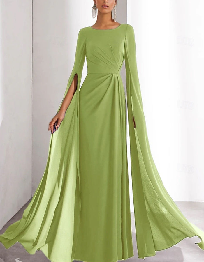 Round Neck Chiffon Long Sleeves With Pleats Maxi Dress