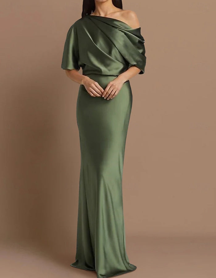 Solid Color Off Shoulder Satin Short Sleeve With Pleats Maxi Dress