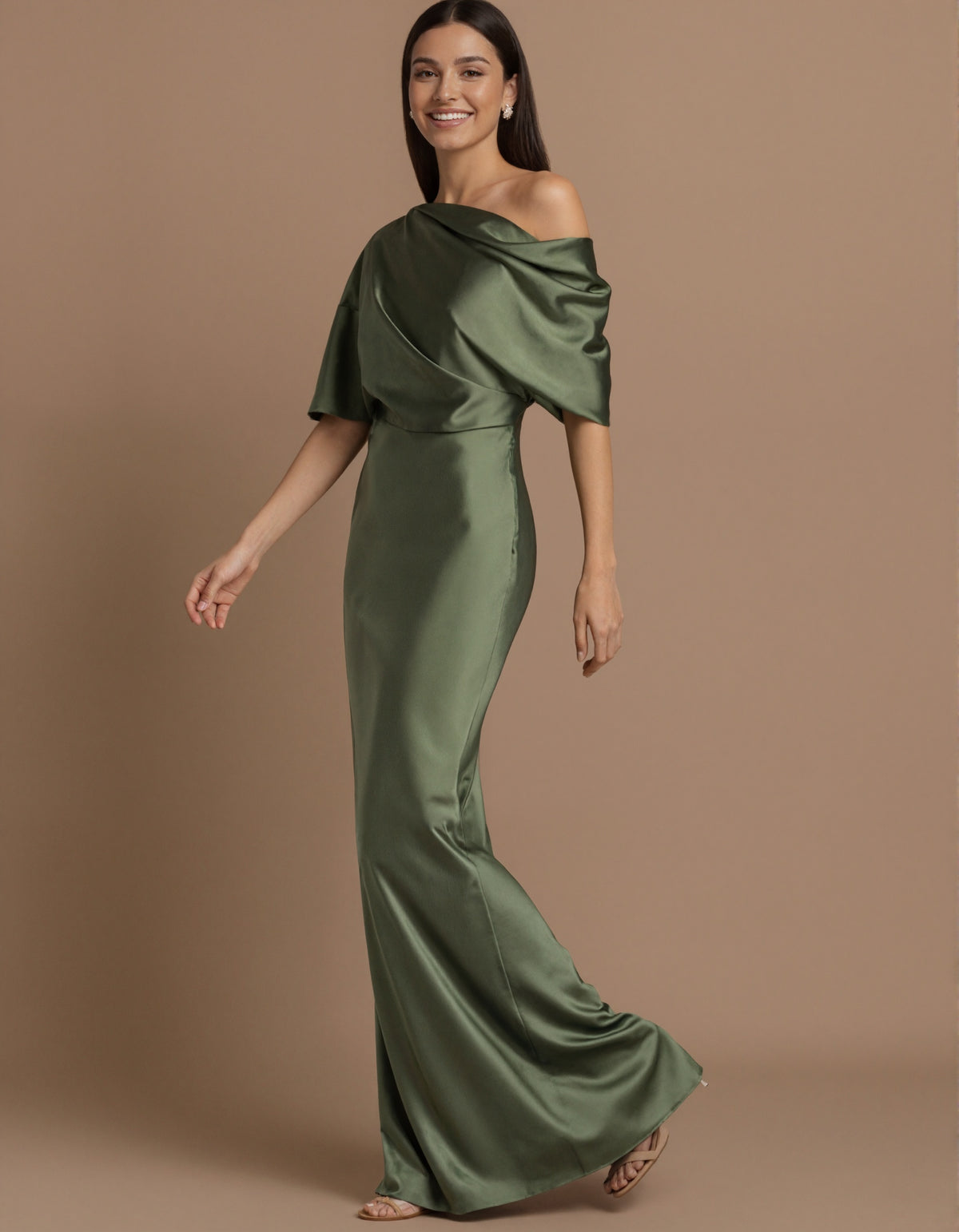 Solid Color Off Shoulder Satin Short Sleeve With Pleats Maxi Dress