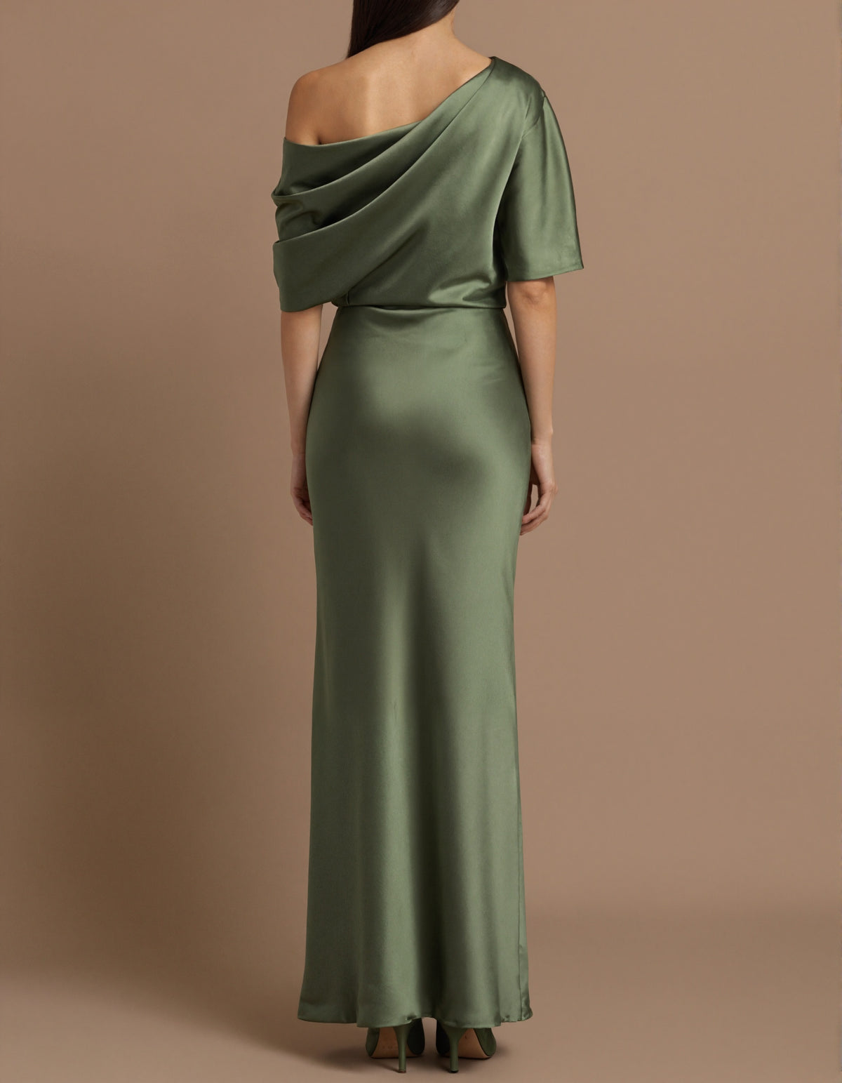 Solid Color Off Shoulder Satin Short Sleeve With Pleats Maxi Dress