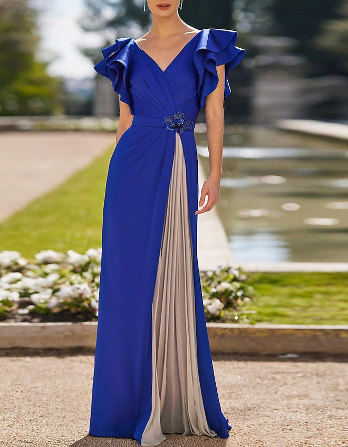 Solid Color V-neck Pleated Crystal Embellishment Maxi Dress
