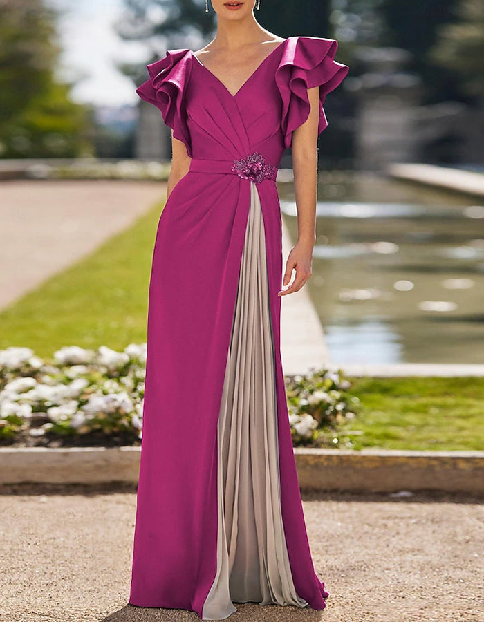 Solid Color V-neck Pleated Crystal Embellishment Maxi Dress