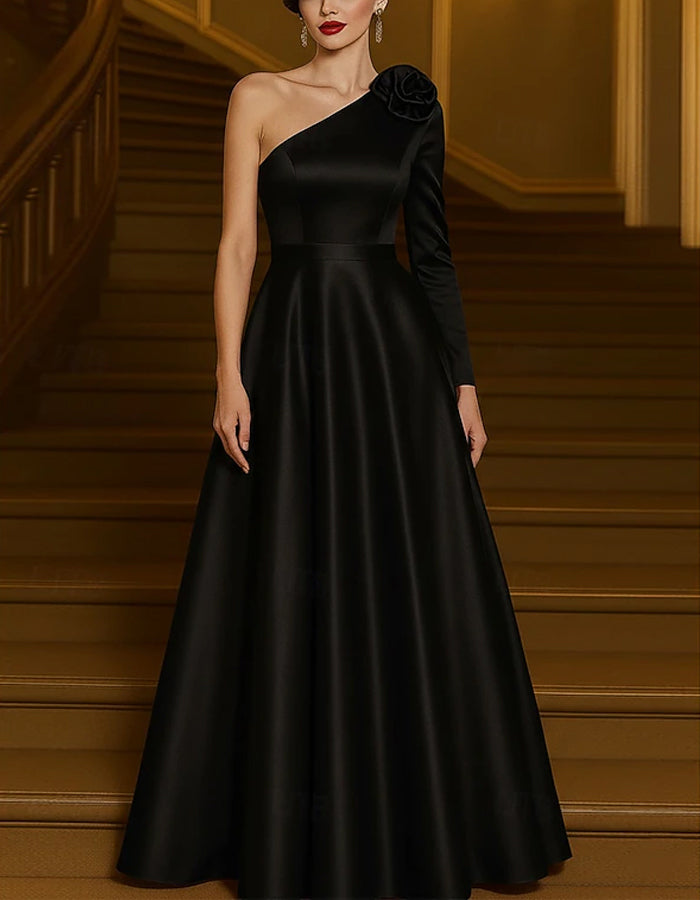 Solid Color Single Shoulder 3d Flower Decoration Maxi Dress