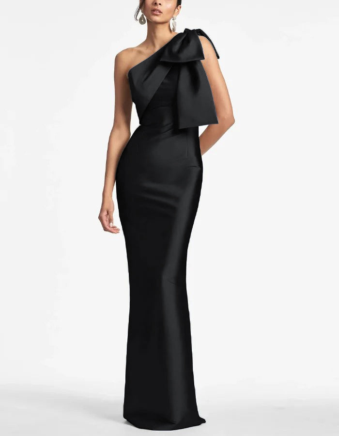 Blue One Shoulder Bow Satin Maxi Dress