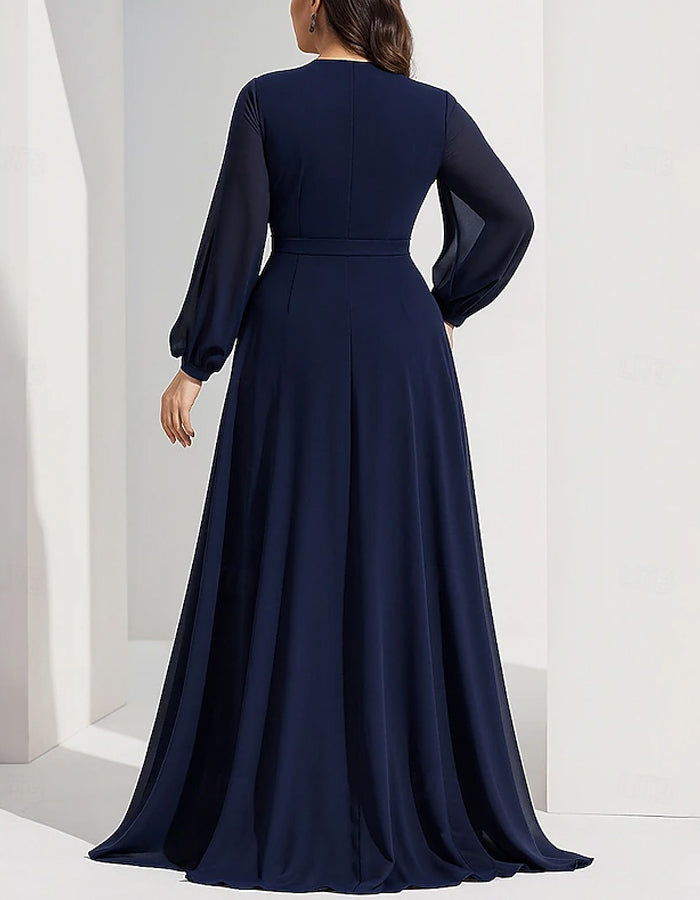 Solid Color Long Sleeved V-neck Chiffon Maxi Dress