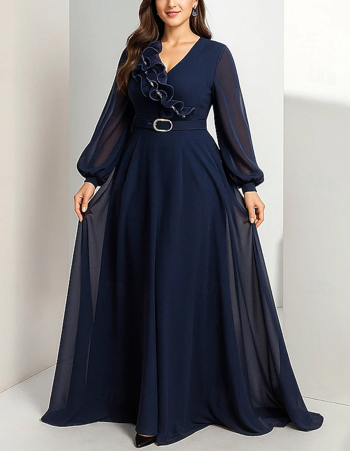 Solid Color Long Sleeved V-neck Chiffon Maxi Dress