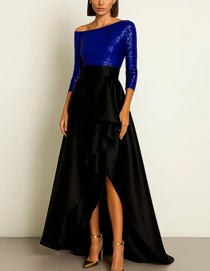 Color Blocked Asymmetrical Sequined Ruffled Slit Maxi Dress