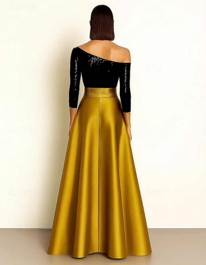 Color Blocked Asymmetrical Sequined Ruffled Slit Maxi Dress