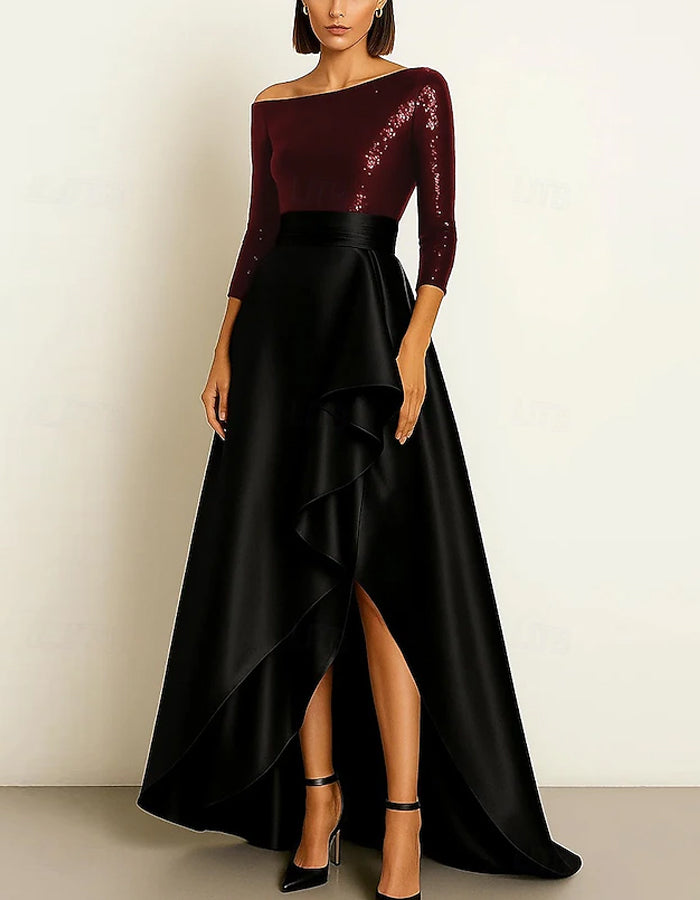 Color Blocked Asymmetrical Sequined Ruffled Slit Maxi Dress