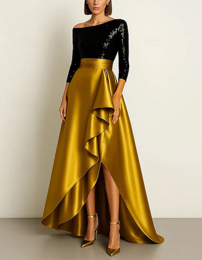 Color Blocked Asymmetrical Sequined Ruffled Slit Maxi Dress