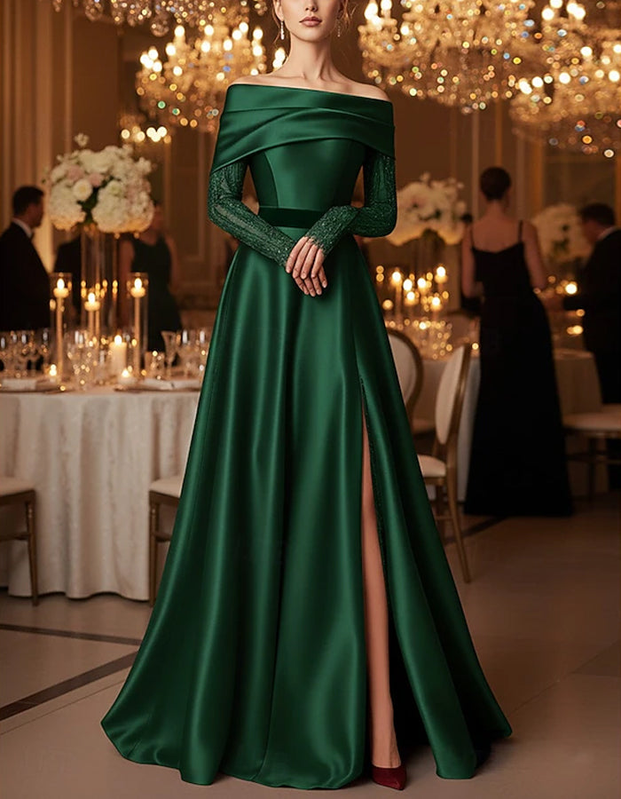 Solid Color Satin Off Shoulder Maxi Dress