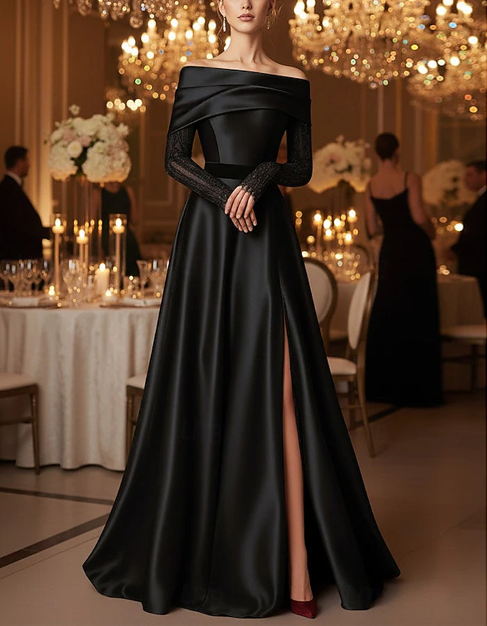 Solid Color Satin Off Shoulder Maxi Dress