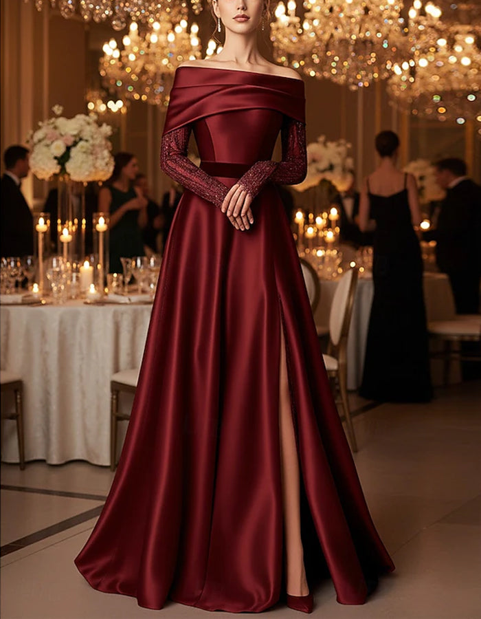 Solid Color Satin Off Shoulder Maxi Dress