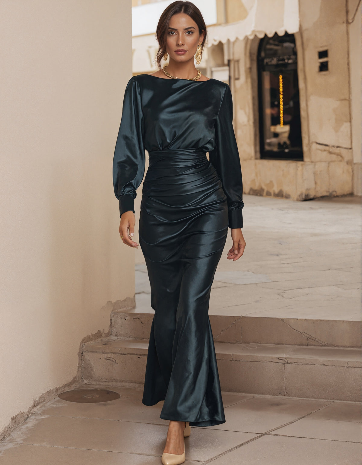Grey Satin Long Sleeve Maxi Dress