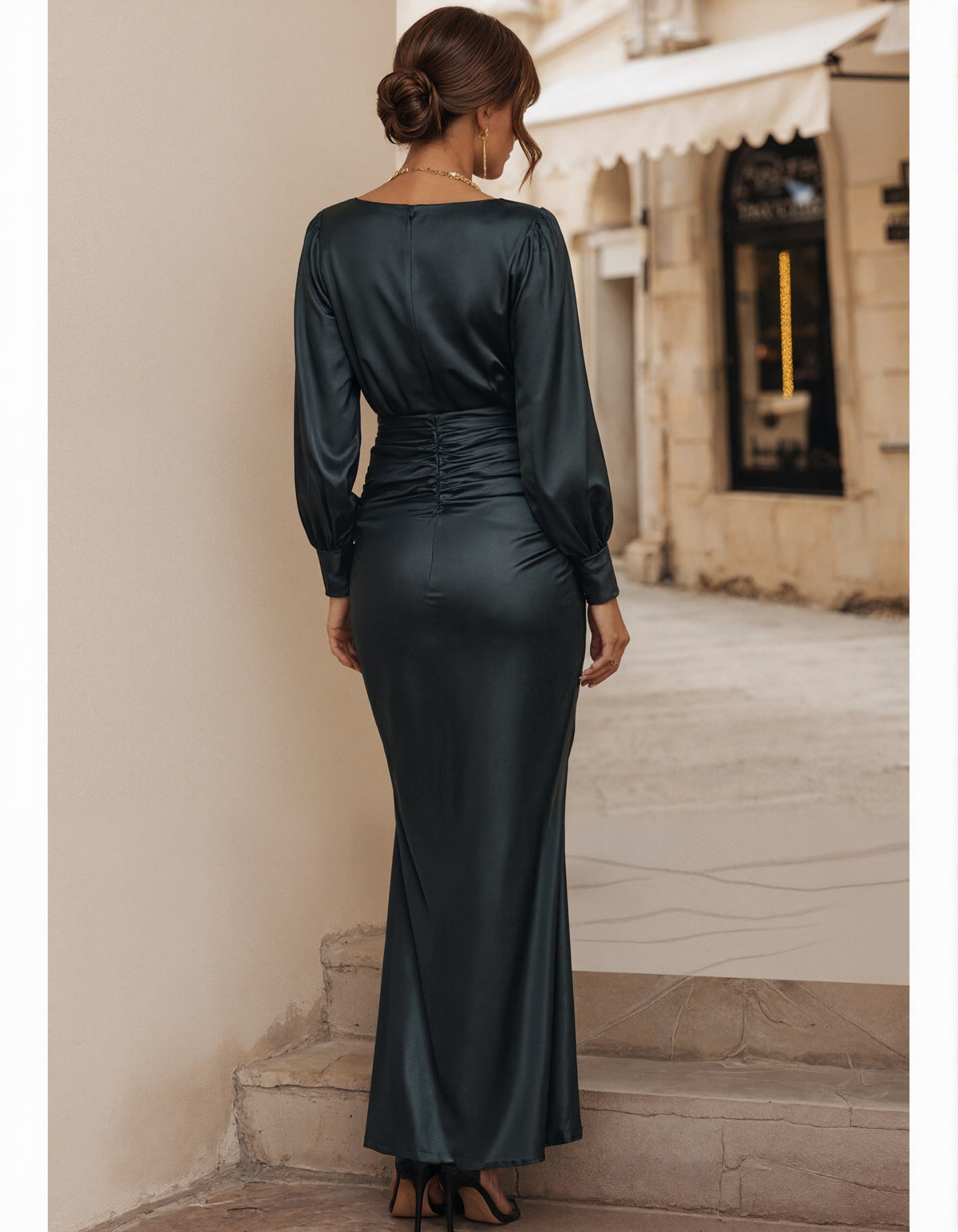 Grey Satin Long Sleeve Maxi Dress