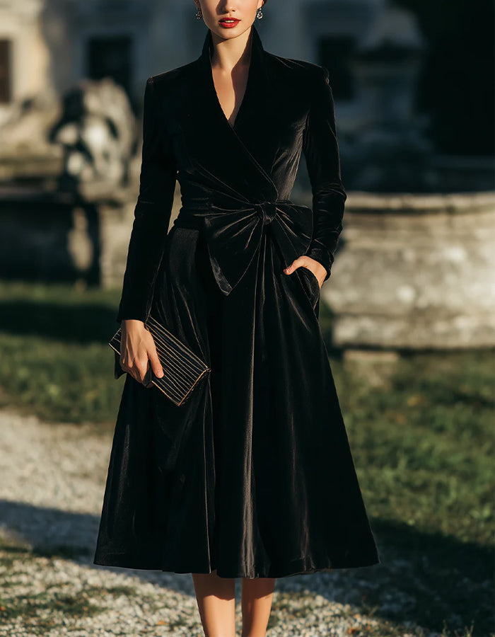 Black Velvet Long Sleeved Midi Dress