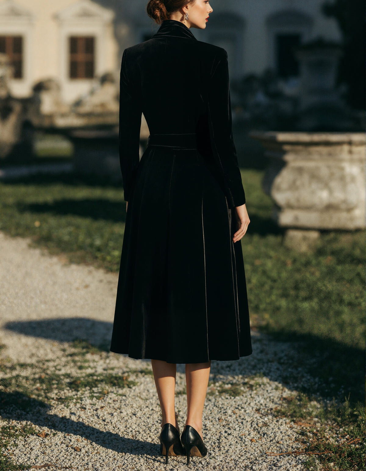 Black Velvet Long Sleeved Midi Dress