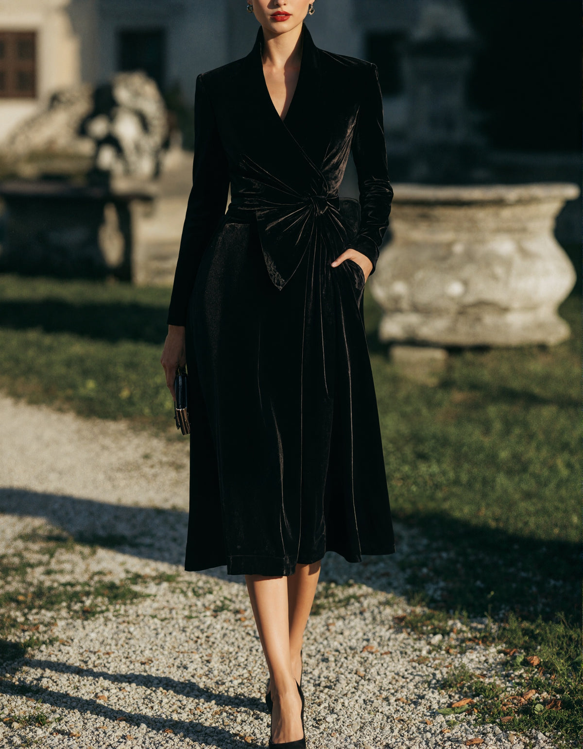 Black Velvet Long Sleeved Midi Dress