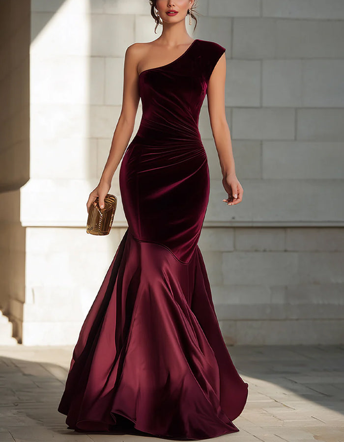 Burgundy One Shoulder Velvet Satin Patchwork Maxi Dress