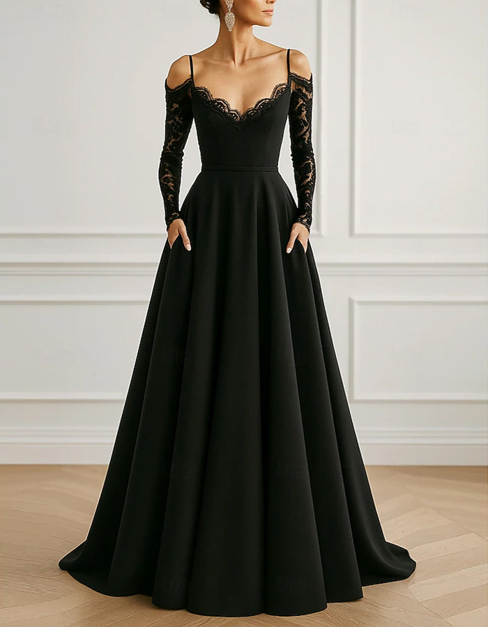 Black Off Shoulder Satin Lace Maxi Dress