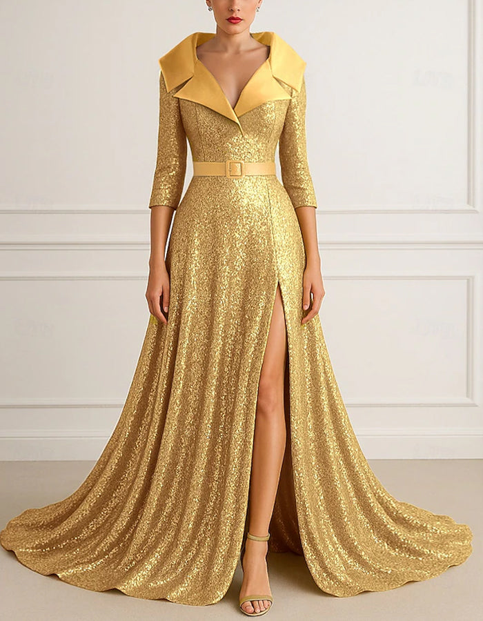 Solid Color Satin Sequined Pleats Maxi Dress