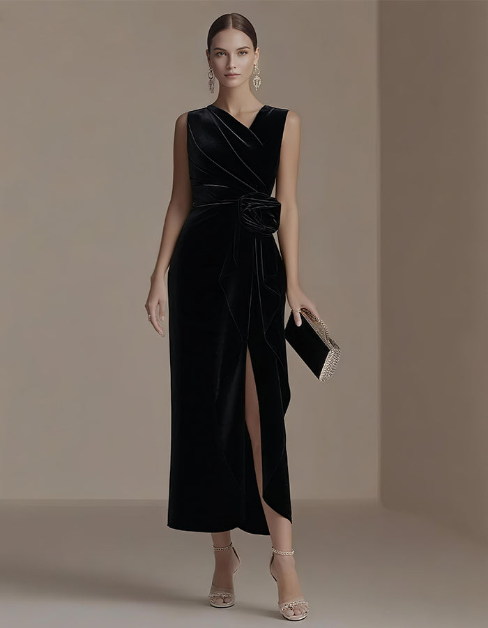 Solid Color Velvet Sleeveless Midi Dress