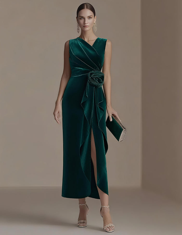 Solid Color Velvet Sleeveless Midi Dress