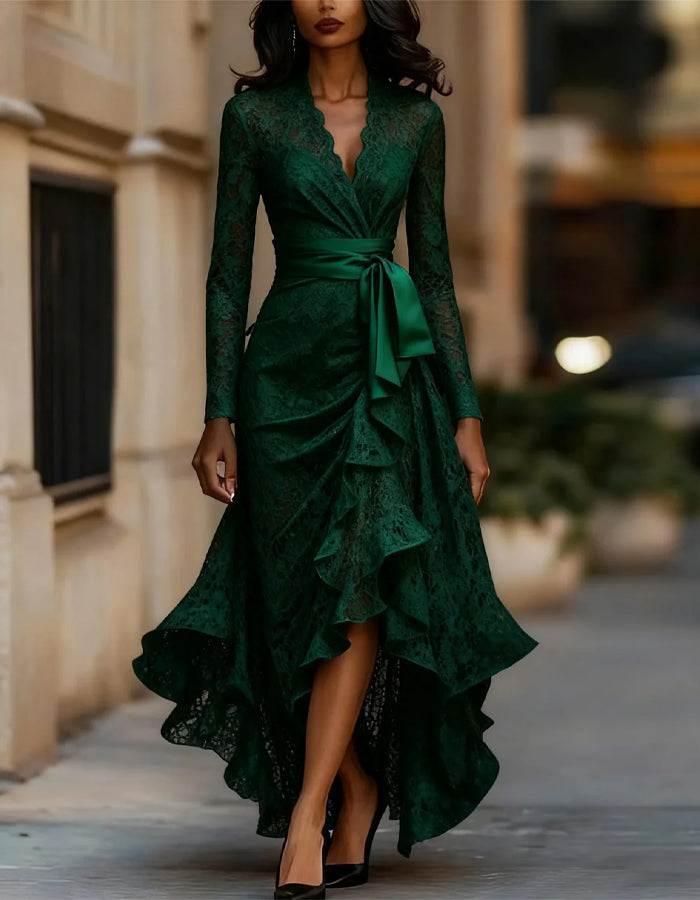 Green V-neck Lace Long Sleeved Top Maxi Dress