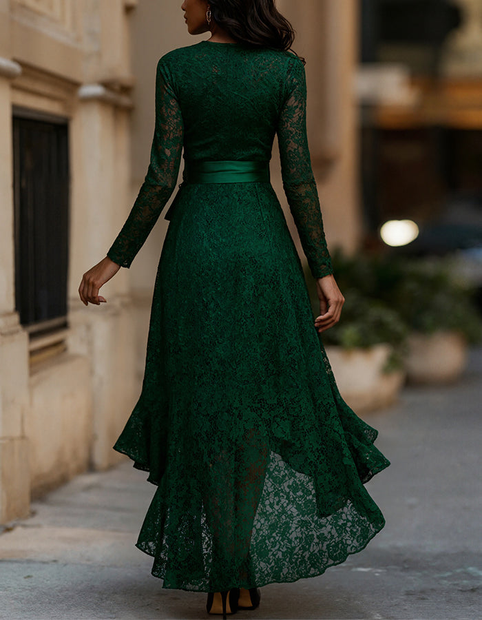 Green V-neck Lace Long Sleeved Top Maxi Dress